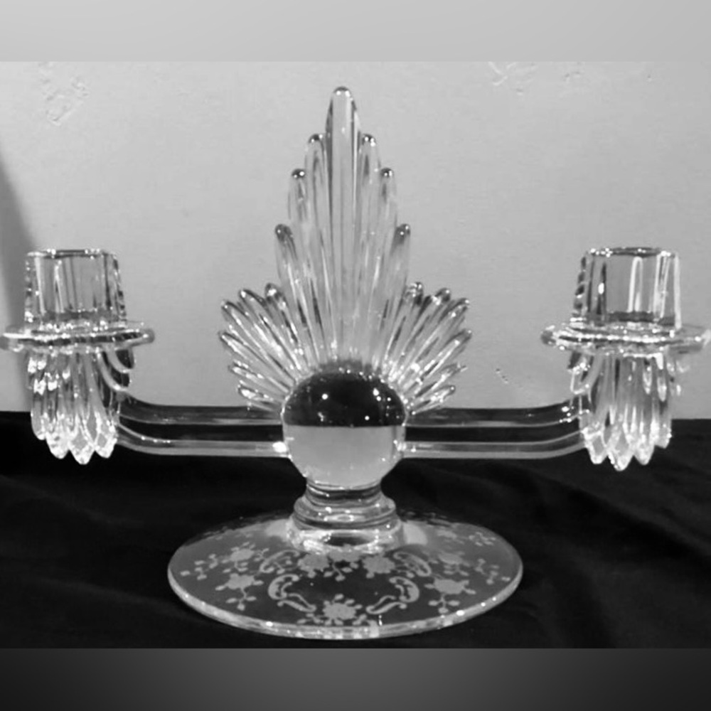 Fostoria Etched Depression Glass Double-Arm Candleholder